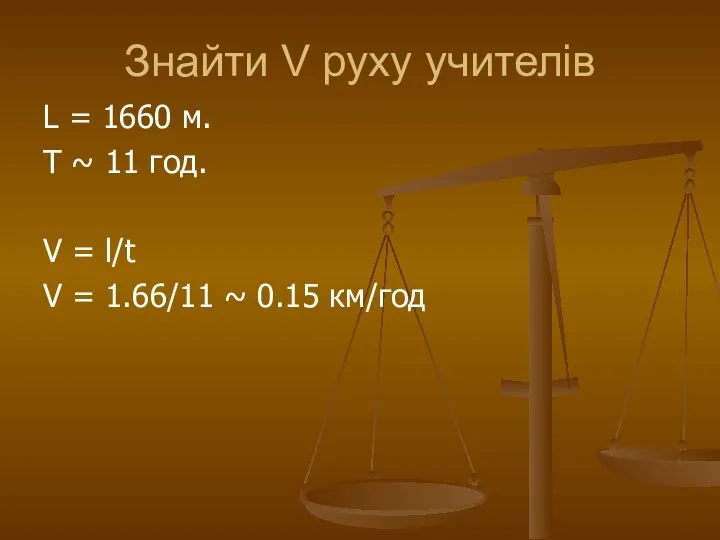 Знайти V руху учителів L = 1660 м. T ~ 11 год.