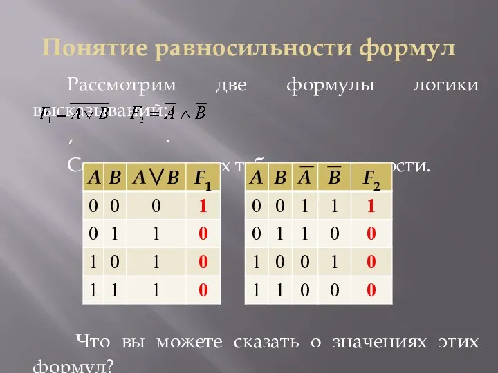 Понятие равносильности формул Рассмотрим две формулы логики высказываний: , . Составим для