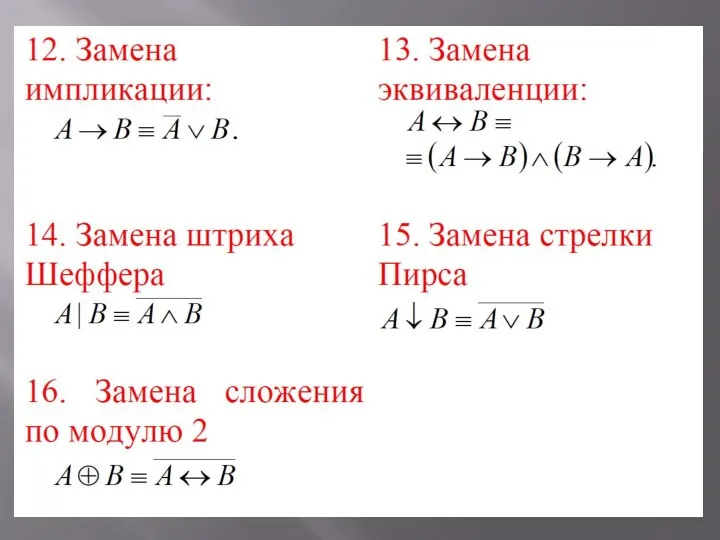 Основные равносильности формул (законы логики)