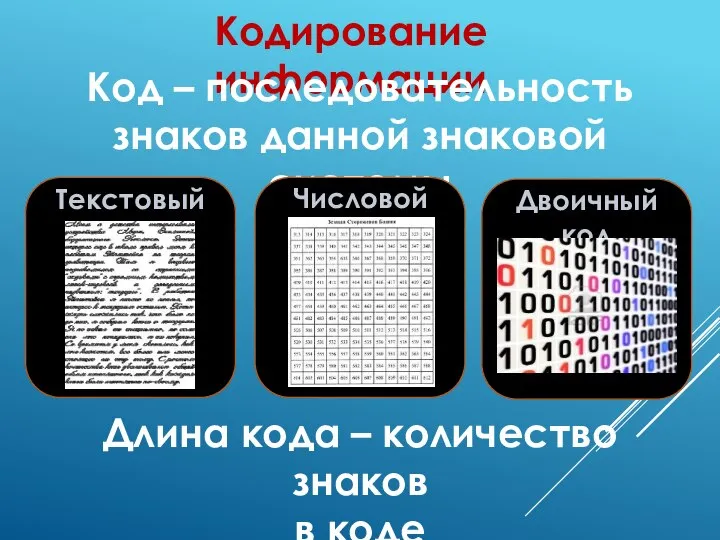 Кодирование информации Код – последовательность знаков данной знаковой системы Длина кода –