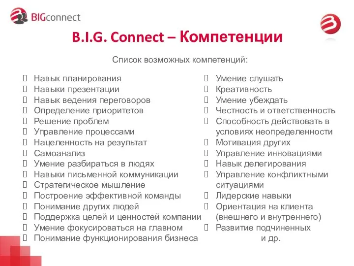 B.I.G. Connect – Компетенции Список возможных компетенций: Навык планирования Навыки презентации Навык