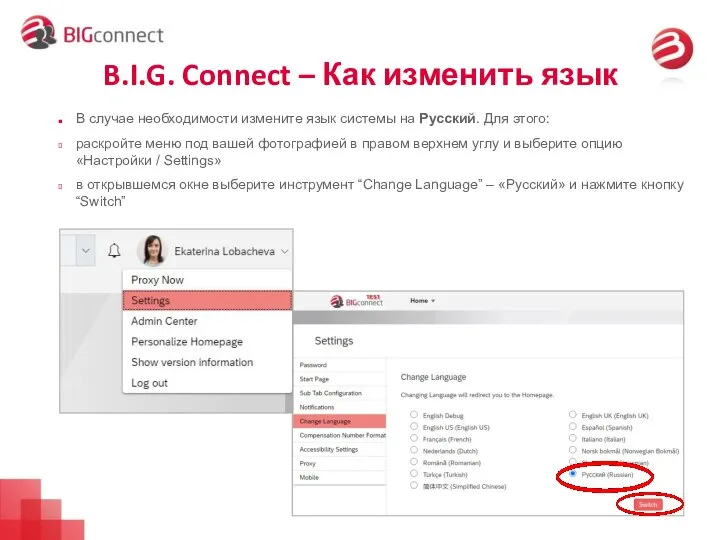 B.I.G. Connect – Как изменить язык В случае необходимости измените язык системы