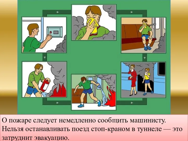 О пожаре следует немедленно сообщить машинисту. Нельзя останавливать поезд стоп-краном в туннеле — это затруднит эвакуацию.