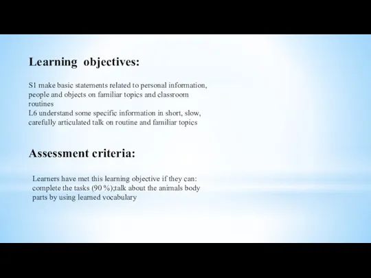 Learning objectives: S1 make basic statements related to personal information, people and