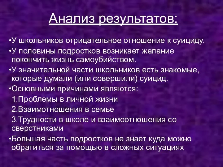 Анализ результатов: У школьников отрицательное отношение к суициду. У половины подростков возникает