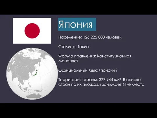 Япония Население: 126 225 000 человек Столица: Токио Форма правления: Конституционная монархия