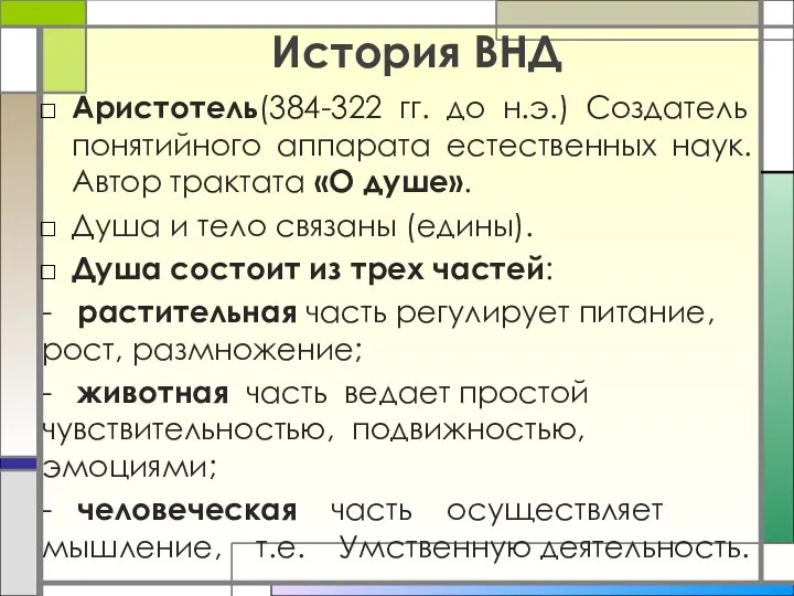 История ВНД Аристотель(384-322 гг. до н.э.) Создатель понятийного аппарата естественных наук. Автор