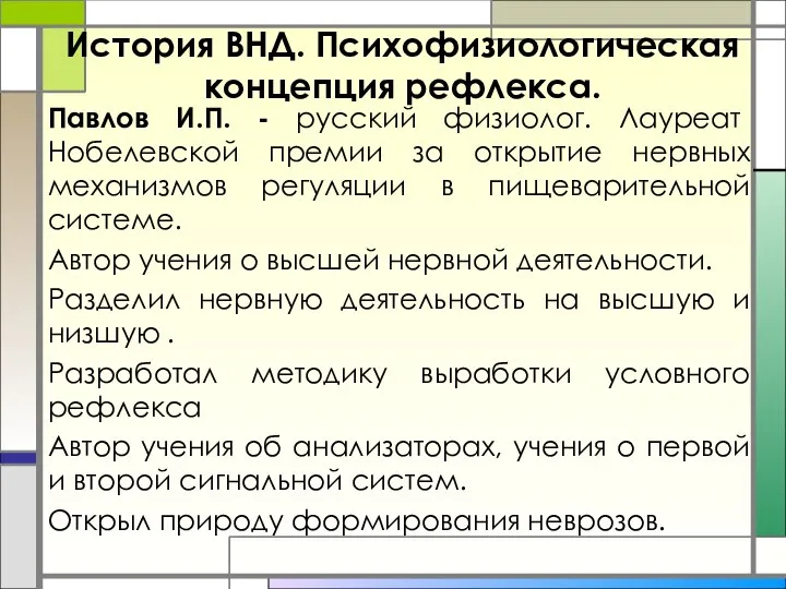 История ВНД. Психофизиологическая концепция рефлекса. Павлов И.П. - русский физиолог. Лауреат Нобелевской