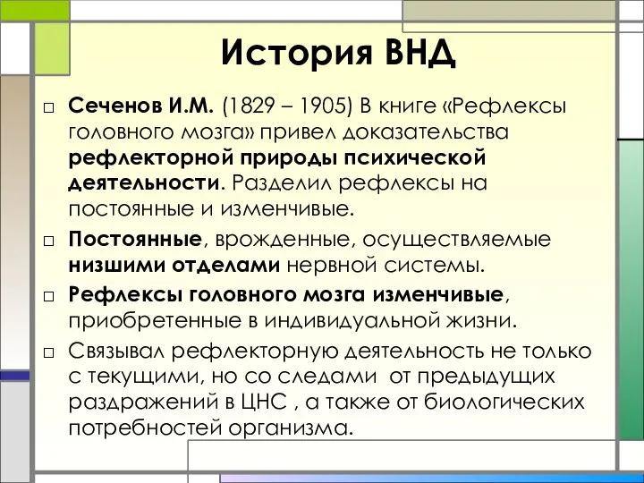 История ВНД Сеченов И.М. (1829 – 1905) В книге «Рефлексы головного мозга»