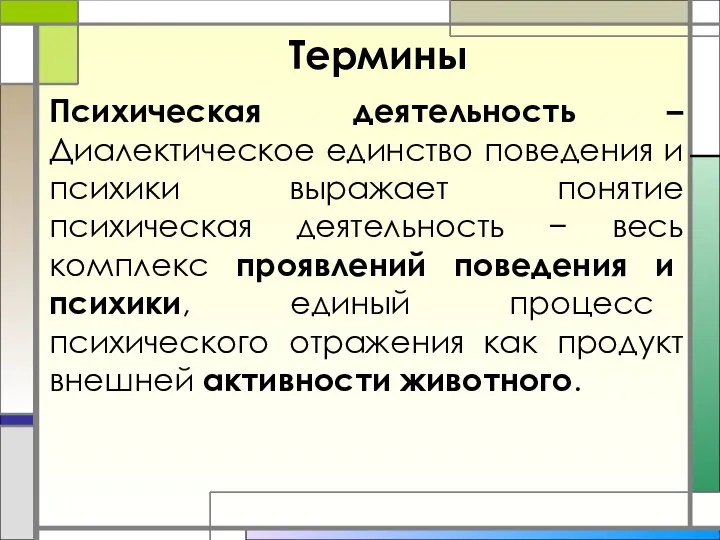 Термины Психическая деятельность –Диалектическое единство поведения и психики выражает понятие психическая деятельность