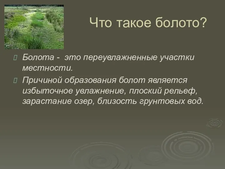 Что такое болото? Болота - это переувлажненные участки местности. Причиной образования болот