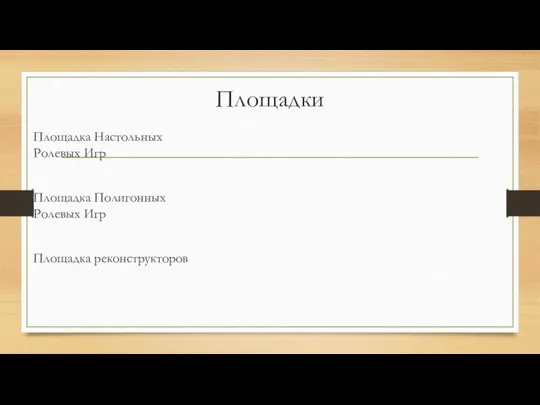 Площадки Площадка Настольных Ролевых Игр Площадка Полигонных Ролевых Игр Площадка реконструкторов