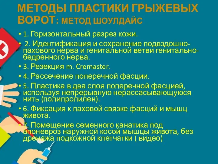 МЕТОДЫ ПЛАСТИКИ ГРЫЖЕВЫХ ВОРОТ: МЕТОД ШОУЛДАЙС 1. Горизонтальный разрез кожи. 2. Идентификация