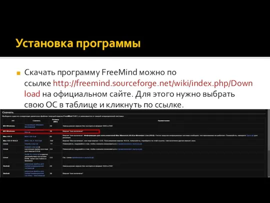 Установка программы Скачать программу FreeMind можно по ссылке http://freemind.sourceforge.net/wiki/index.php/Download на официальном сайте.