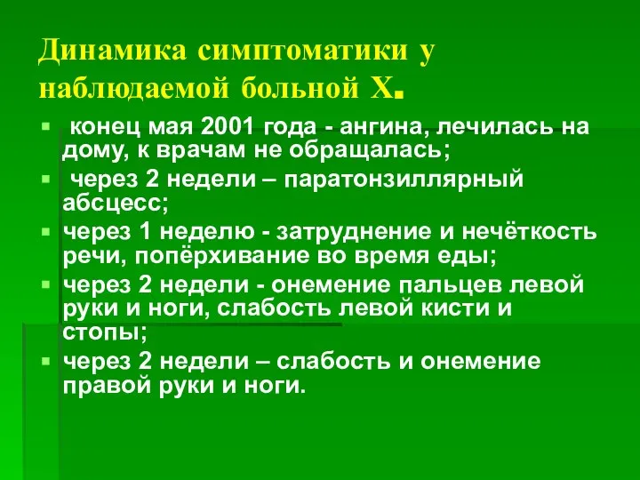 Динамика симптоматики у наблюдаемой больной Х. конец мая 2001 года - ангина,