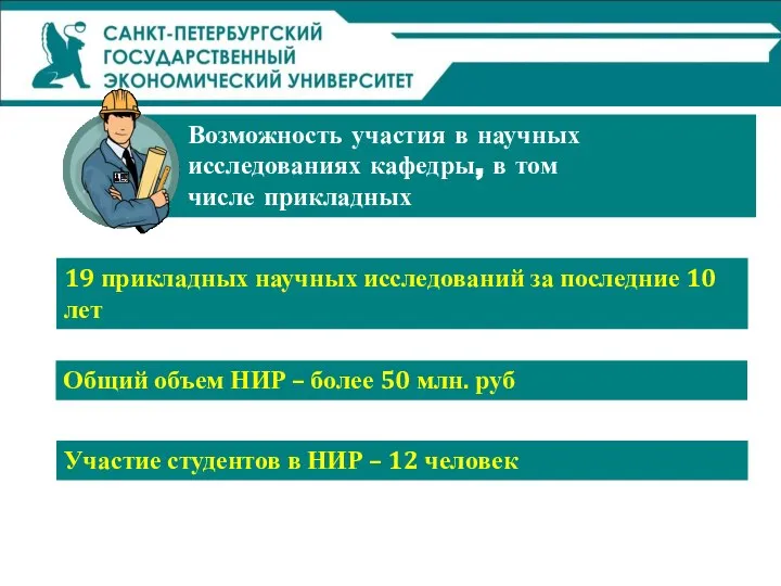 Возможность участия в научных исследованиях кафедры, в том числе прикладных 19 прикладных