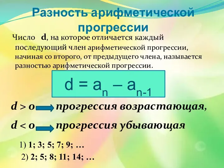 Разность арифметической прогрессии Число d, на которое отличается каждый последующий член арифметической