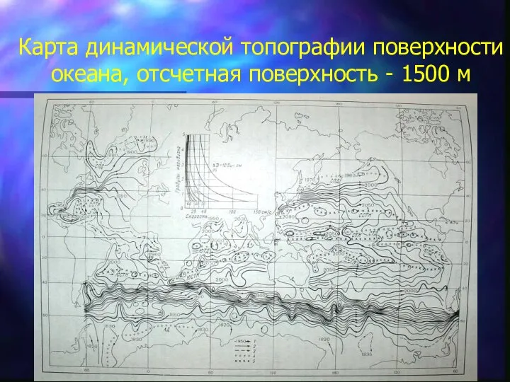 Карта динамической топографии поверхности океана, отсчетная поверхность - 1500 м