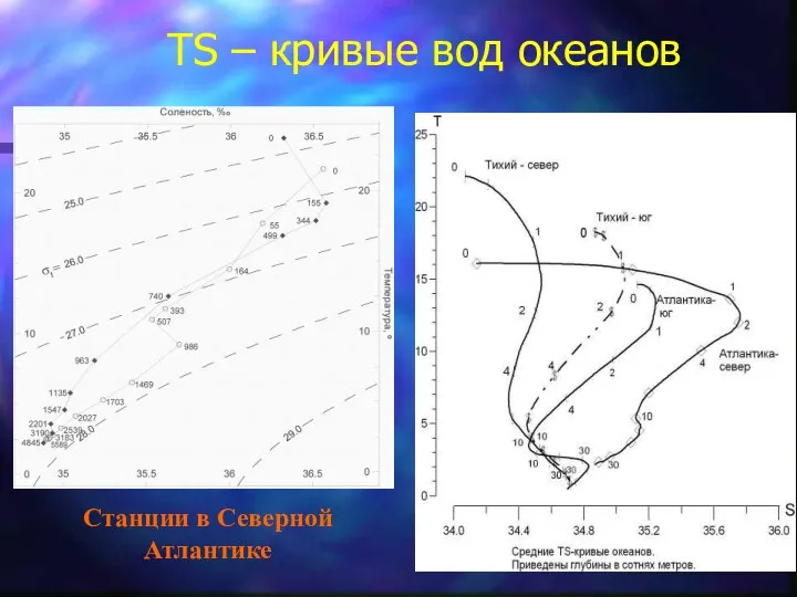 ТS – кривые вод океанов Станции в Северной Атлантике