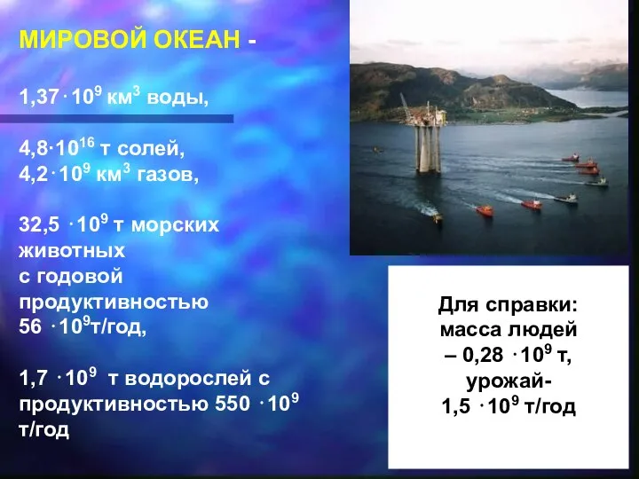 МИРОВОЙ ОКЕАН - 1,37⋅109 км3 воды, 4,8·1016 т солей, 4,2⋅109 км3 газов,
