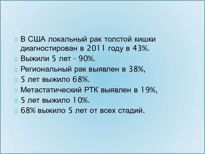 В США локальный рак толстой кишки диагностирован в 2011 году в 43%.