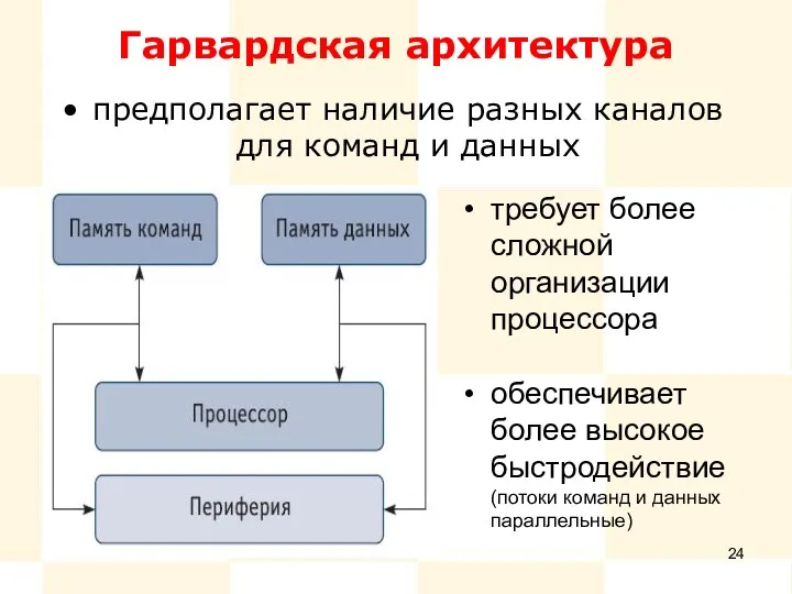 Гарвардская архитектура предполагает наличие разных каналов для команд и данных требует более