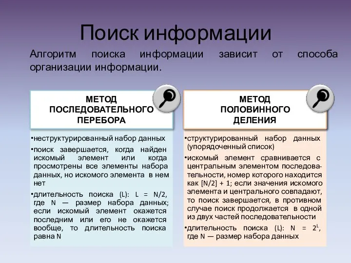 структурированный набор данных (упорядоченный список) искомый элемент сравнивается с центральным элементом последова-тельности,