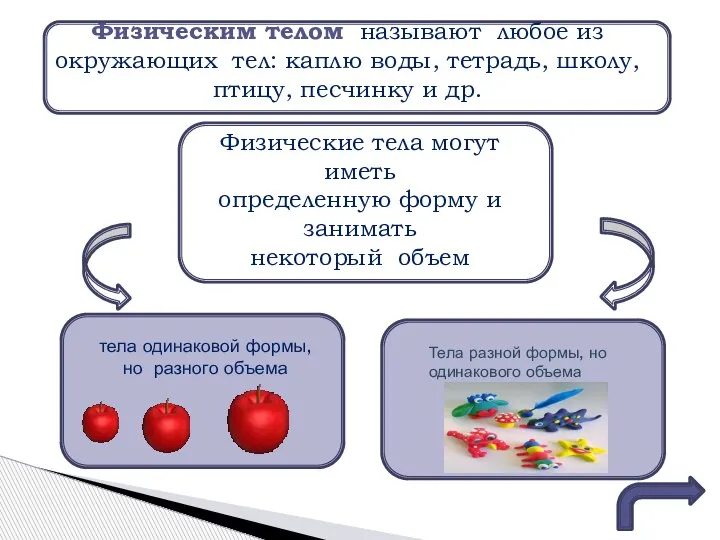 Физическим телом называют любое из окружающих тел: каплю воды, тетрадь, школу, птицу,