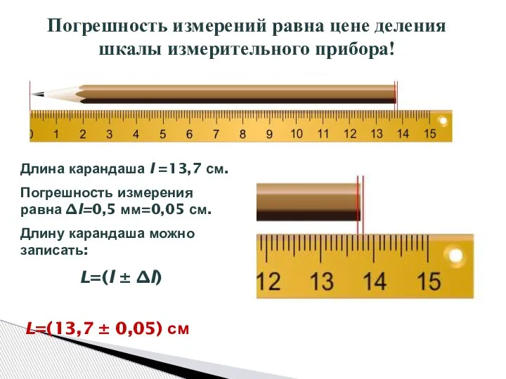 Погрешность измерений равна цене деления шкалы измерительного прибора! Длина карандаша l =13,7