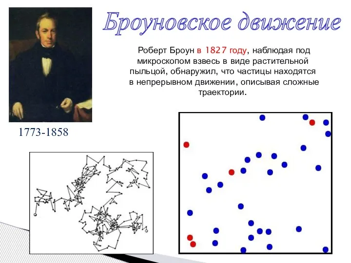 Броуновское движение 1773-1858 Роберт Броун в 1827 году, наблюдая под микроскопом взвесь