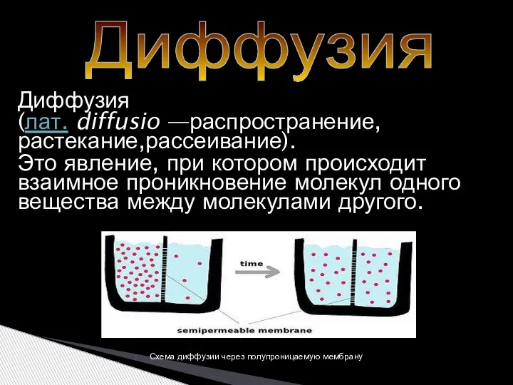 Диффузия (лат. diffusio —распространение, растекание,рассеивание). Это явление, при котором происходит взаимное проникновение