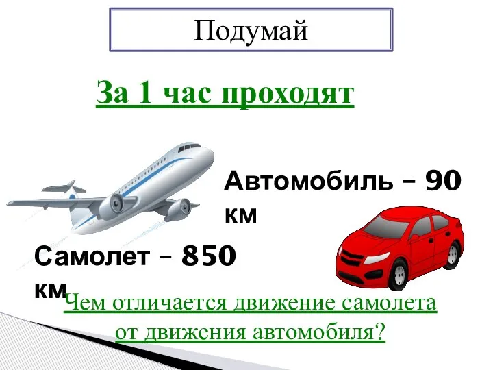 Автомобиль – 90 км За 1 час проходят Самолет – 850 км