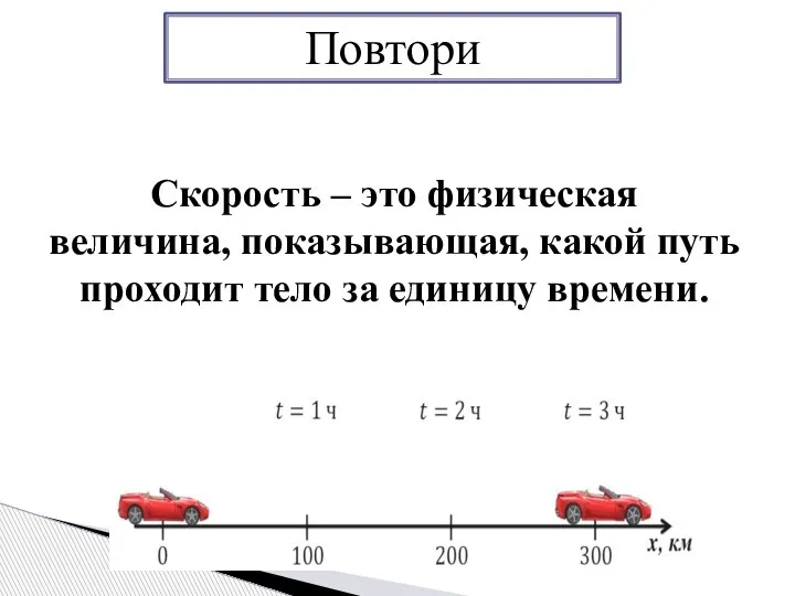 Повтори Скорость – это физическая величина, показывающая, какой путь проходит тело за единицу времени.