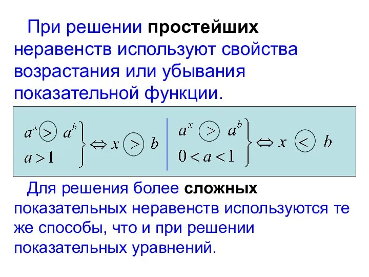 При решении простейших неравенств используют свойства возрастания или убывания показательной функции. Для