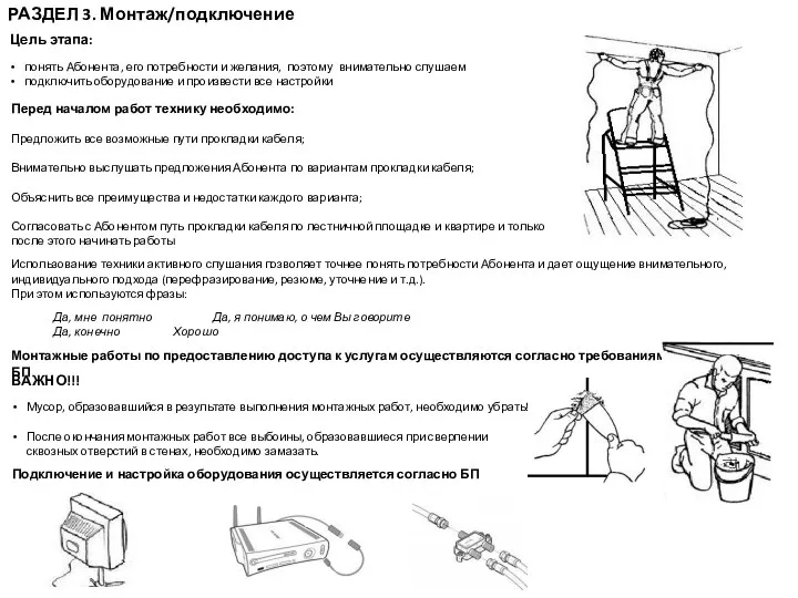 РАЗДЕЛ 3. Монтаж/подключение Перед началом работ технику необходимо: Предложить все возможные пути
