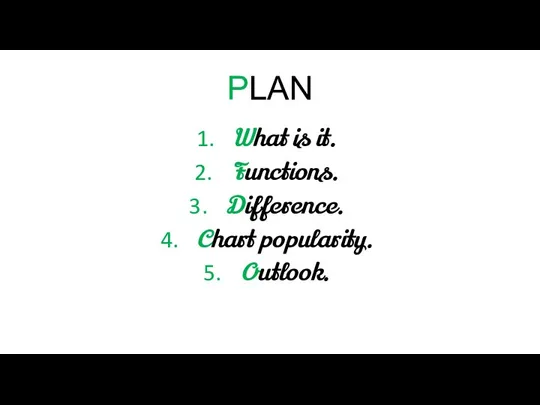 PLAN What is it. Functions. Difference. Chart popularity. Outlook.