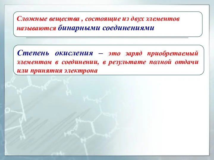 Сложные вещества , состоящие из двух элементов называются бинарными соединениями Степень окисления