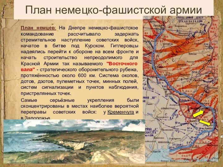 План немецко-фашистской армии План немцев: На Днепре немецко-фашистское командование рассчитывало задержать стремительное