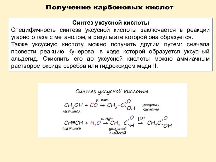 Синтез уксусной кислоты Специфичность синтеза уксусной кислоты заключается в реакции угарного газа