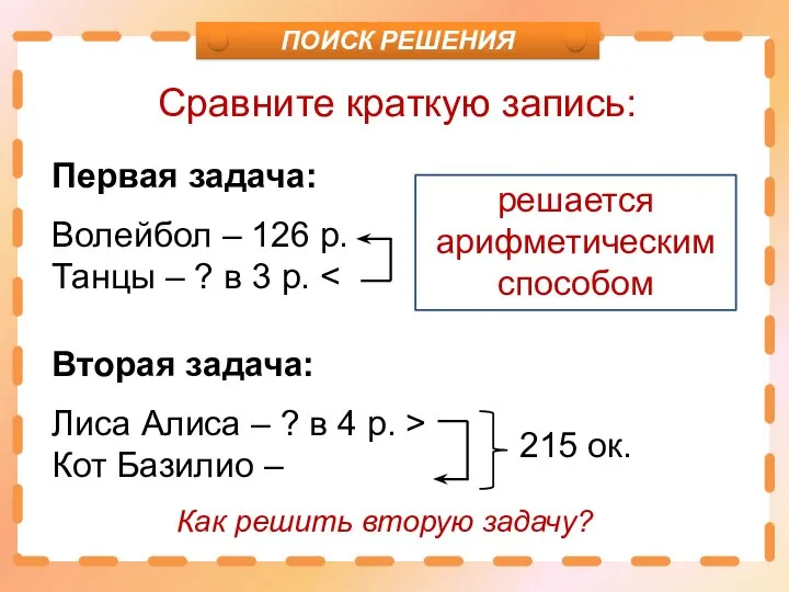 Сравните краткую запись: Вторая задача: Лиса Алиса – ? в 4 р.