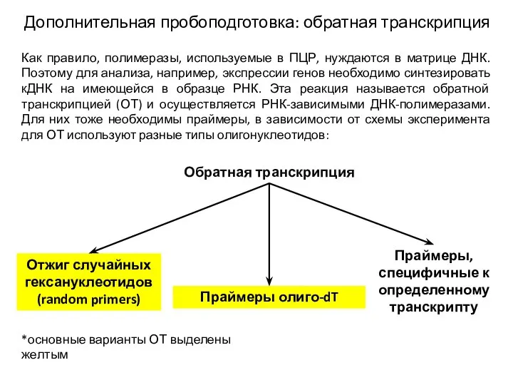 Дополнительная пробоподготовка: обратная транскрипция Обратная транскрипция Отжиг случайных гексануклеотидов (random primers) Праймеры