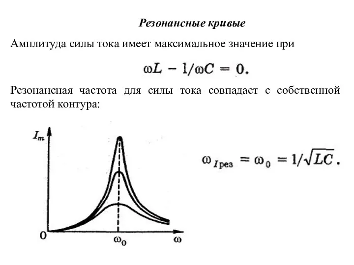 Резонансные кривые Амплитуда силы тока имеет максимальное значение при Резонансная частота для
