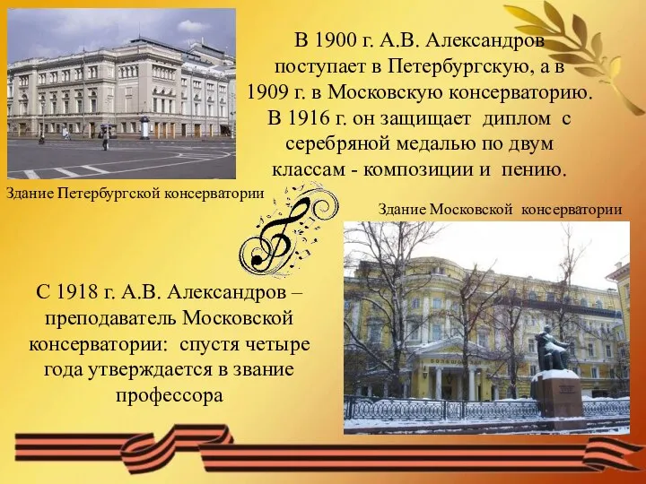 Здание Петербургской консерватории Здание Московской консерватории В 1900 г. А.В. Александров поступает