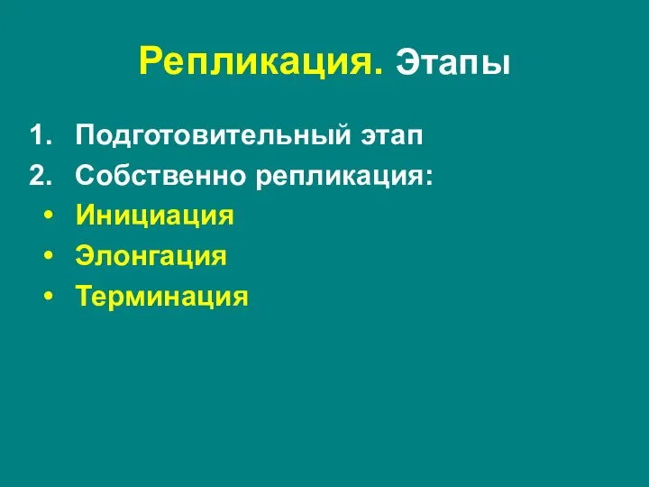 Репликация. Этапы Подготовительный этап Собственно репликация: Инициация Элонгация Терминация