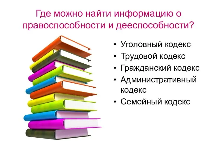 Где можно найти информацию о правоспособности и дееспособности? Уголовный кодекс Трудовой кодекс