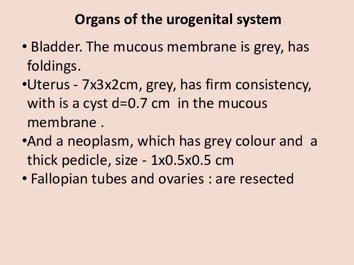 Organs of the urogenital system Bladder. The mucous membrane is grey, has