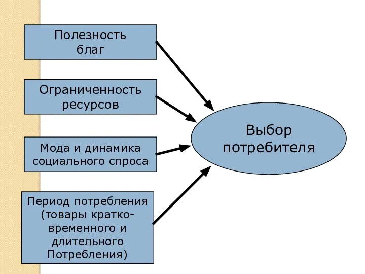 Полезность благ Ограниченность ресурсов Мода и динамика социального спроса Период потребления (товары