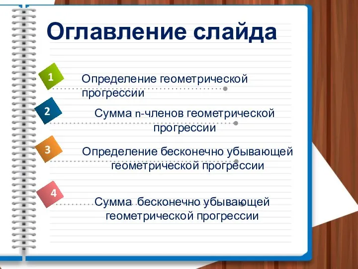 Оглавление слайда Сумма бесконечно убывающей геометрической прогрессии