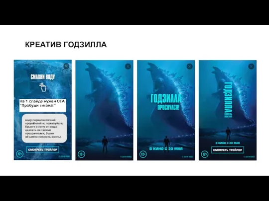 КРЕАТИВ ГОДЗИЛЛА На 1 слайде нужен CTA “Пробуди титана!” воду пореалистичней проработайте,