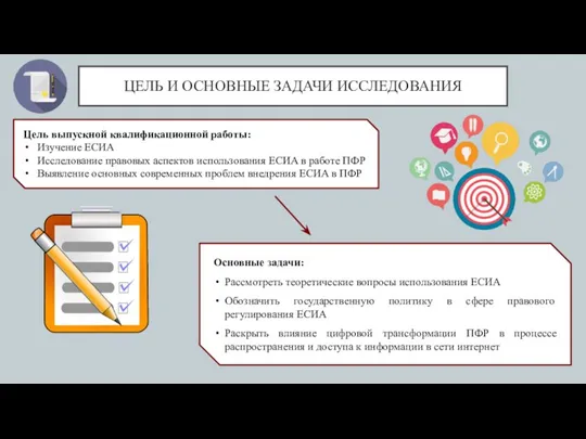 ЦЕЛЬ И ОСНОВНЫЕ ЗАДАЧИ ИССЛЕДОВАНИЯ Основные задачи: Рассмотреть теоретические вопросы использования ЕСИА